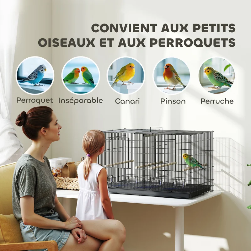 Cage à oiseaux volière 76 x 46 x 46 cm séparable en deux plateau coulissant pratique salon moderne épuré en acier noir 21_0007594