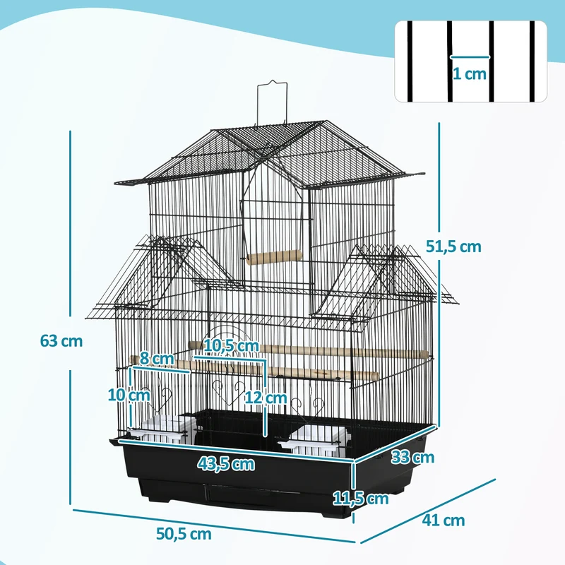 Cage à oiseaux intérieure perchoirs mangeoires plateau amovible poignée 50.5 x 41 x 63 cm design moderne en métal noir 21_0007566