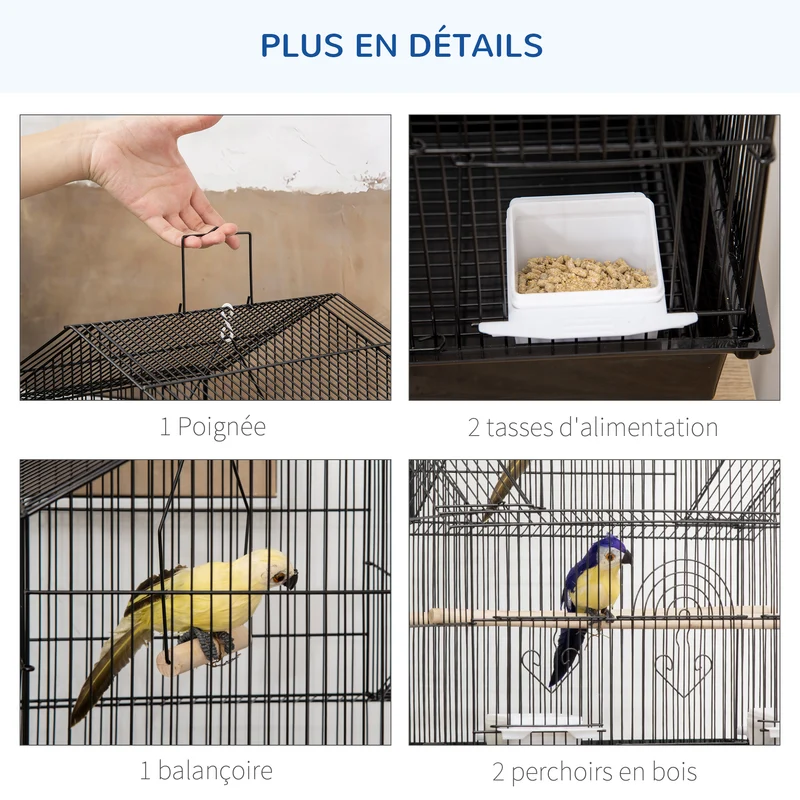 Cage à oiseaux intérieure perchoirs mangeoires plateau amovible poignée 50.5 x 41 x 63 cm design moderne en métal noir 21_0007566