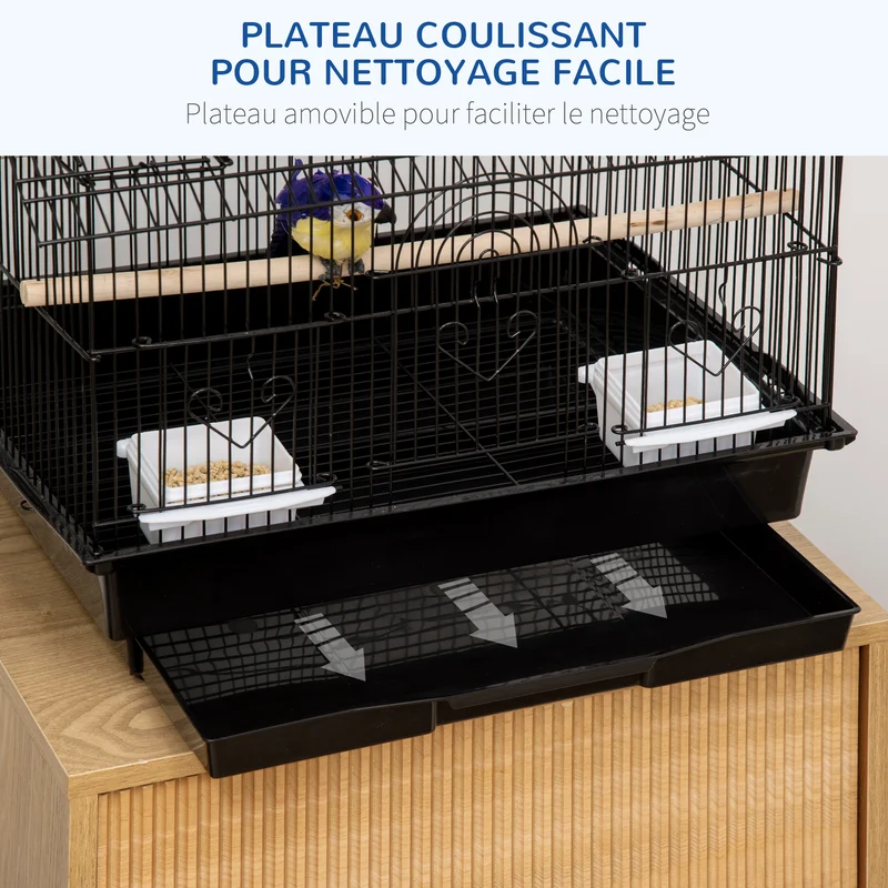 Cage à oiseaux intérieure perchoirs mangeoires plateau amovible poignée 50.5 x 41 x 63 cm design moderne en métal noir 21_0007566
