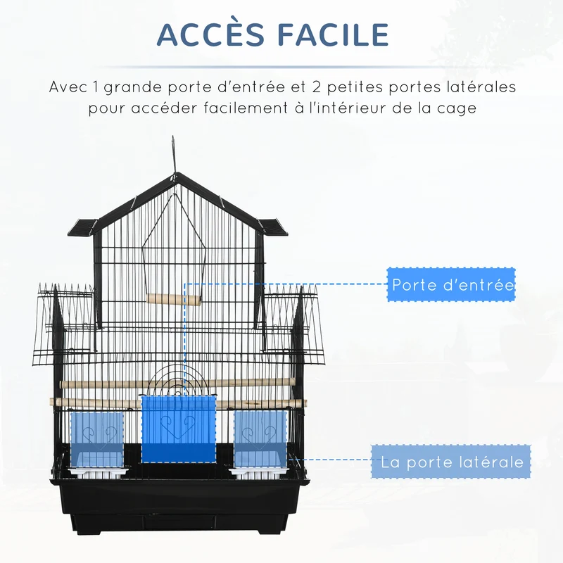 Cage à oiseaux intérieure perchoirs mangeoires plateau amovible poignée 50.5 x 41 x 63 cm design moderne en métal noir 21_0007566