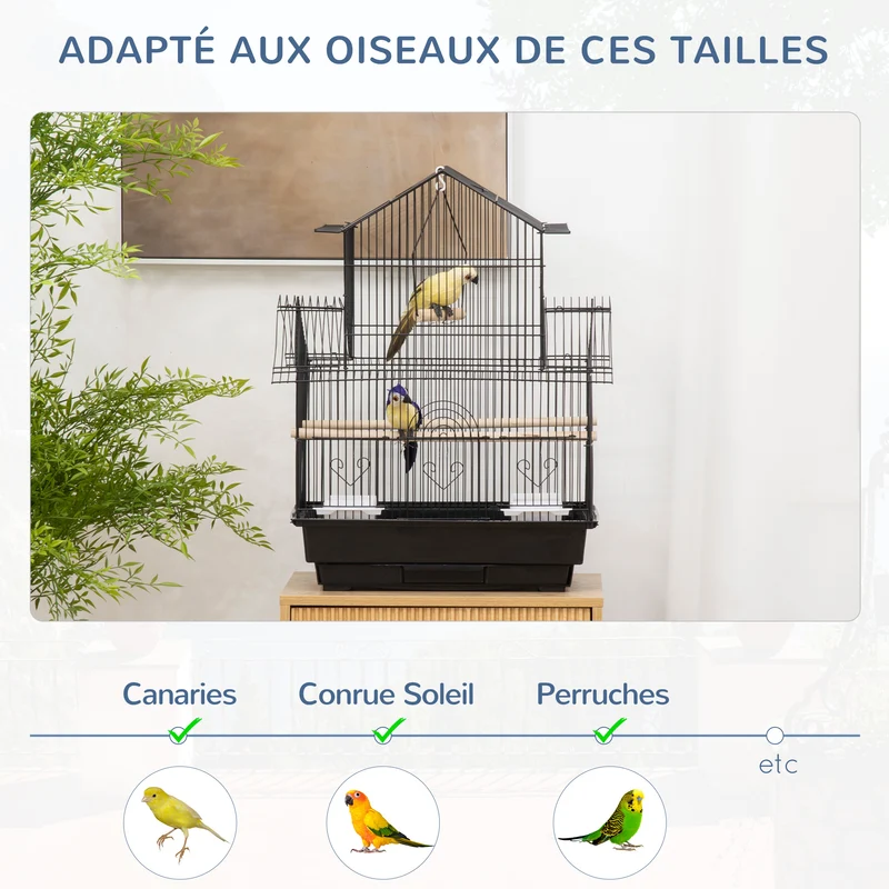 Cage à oiseaux intérieure perchoirs mangeoires plateau amovible poignée 50.5 x 41 x 63 cm design moderne en métal noir 21_0007566
