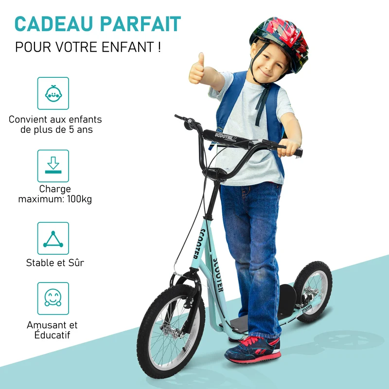 Trottinette pour enfants et grands 135 x 58 x 94 cm pneus gonflables guidon réglable moderne tendance en acier bleu ciel 21_0000669