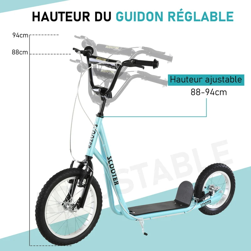 Trottinette pour enfants et grands 135 x 58 x 94 cm pneus gonflables guidon réglable moderne tendance en acier bleu ciel 21_0000669