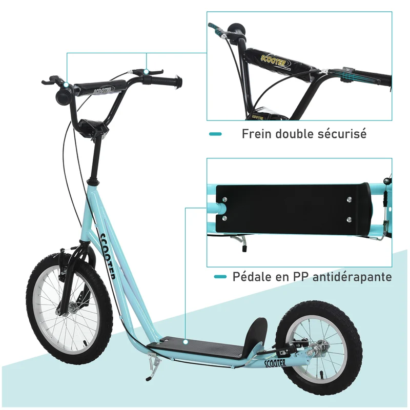 Trottinette pour enfants et grands 135 x 58 x 94 cm pneus gonflables guidon réglable moderne tendance en acier bleu ciel 21_0000669