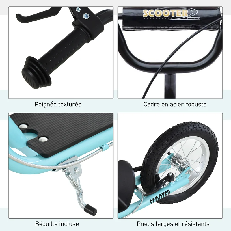 Trottinette pour enfants et grands 135 x 58 x 94 cm pneus gonflables guidon réglable moderne tendance en acier bleu ciel 21_0000669
