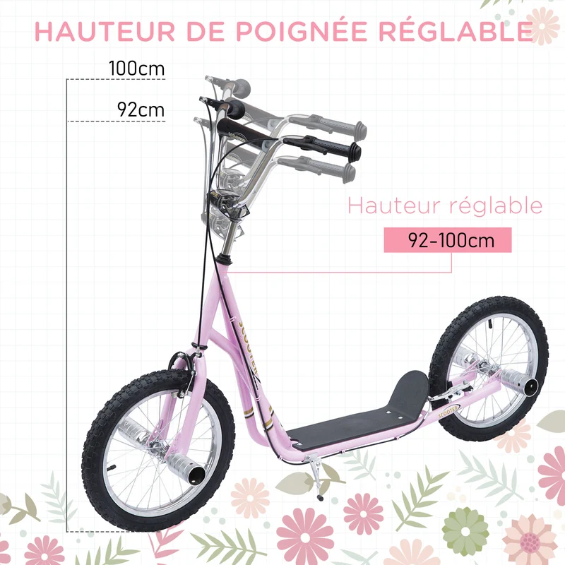 Trottinette grandes roues usage extérieur 143 x 58 x 100 cm guidon réglable pneus pneumatiques moderne en acier rose 21_0000674