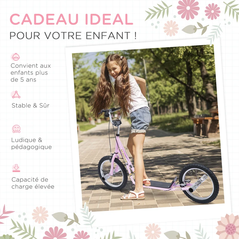 Trottinette grandes roues usage extérieur 143 x 58 x 100 cm guidon réglable pneus pneumatiques moderne en acier rose 21_0000674