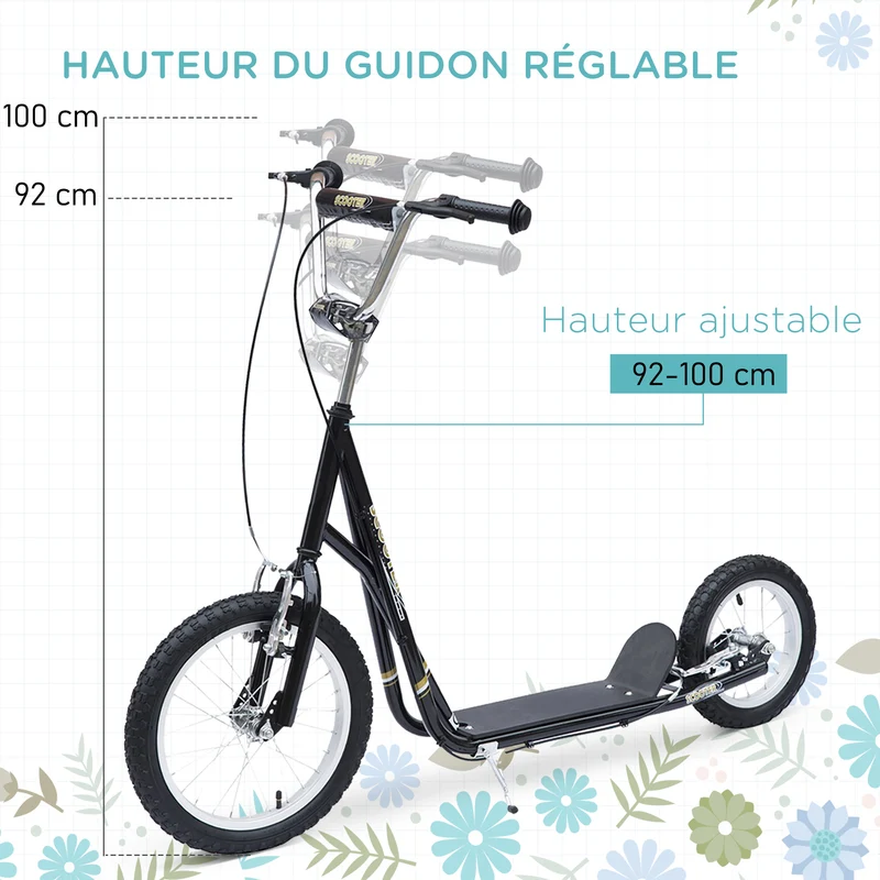 Trottinette enfant tout terrain 135 x 58 x 100 cm pneus gonflables guidon réglable design moderne jardin en acier noir 21_0000679