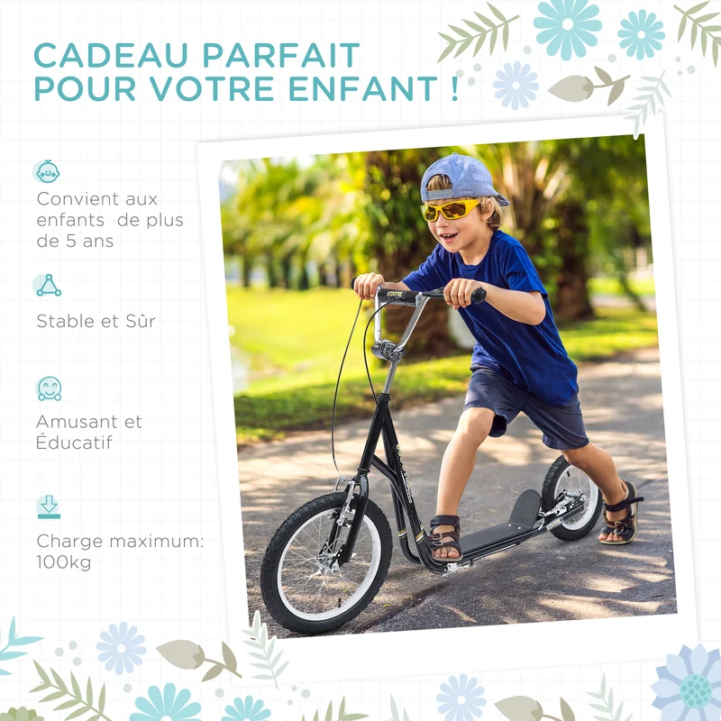 Trottinette enfant tout terrain 135 x 58 x 100 cm pneus gonflables guidon réglable design moderne jardin en acier noir 21_0000679