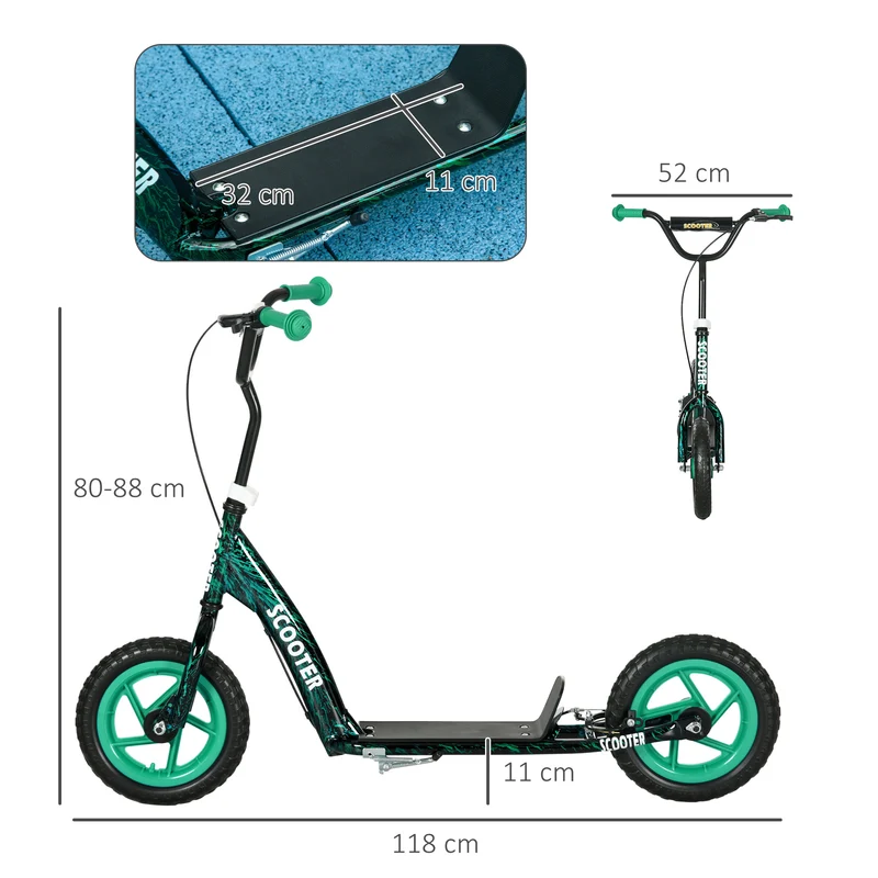 Trottinette enfant grandes roues 30 cm hauteur réglable 118 x 52 x 88 cm frein arrière design moderne en acier vert 21_0000685