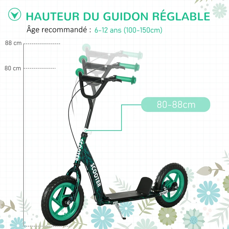 Trottinette enfant grandes roues 30 cm hauteur réglable 118 x 52 x 88 cm frein arrière design moderne en acier vert 21_0000685