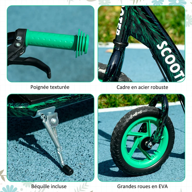 Trottinette enfant grandes roues 30 cm hauteur réglable 118 x 52 x 88 cm frein arrière design moderne en acier vert 21_0000685