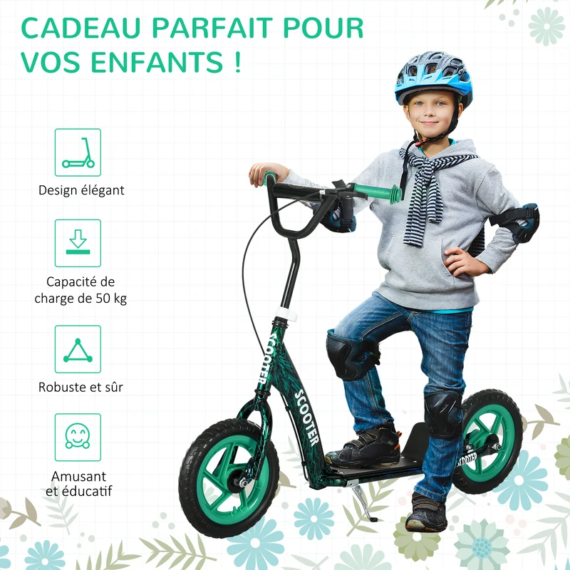 Trottinette enfant grandes roues 30 cm hauteur réglable 118 x 52 x 88 cm frein arrière design moderne en acier vert 21_0000685