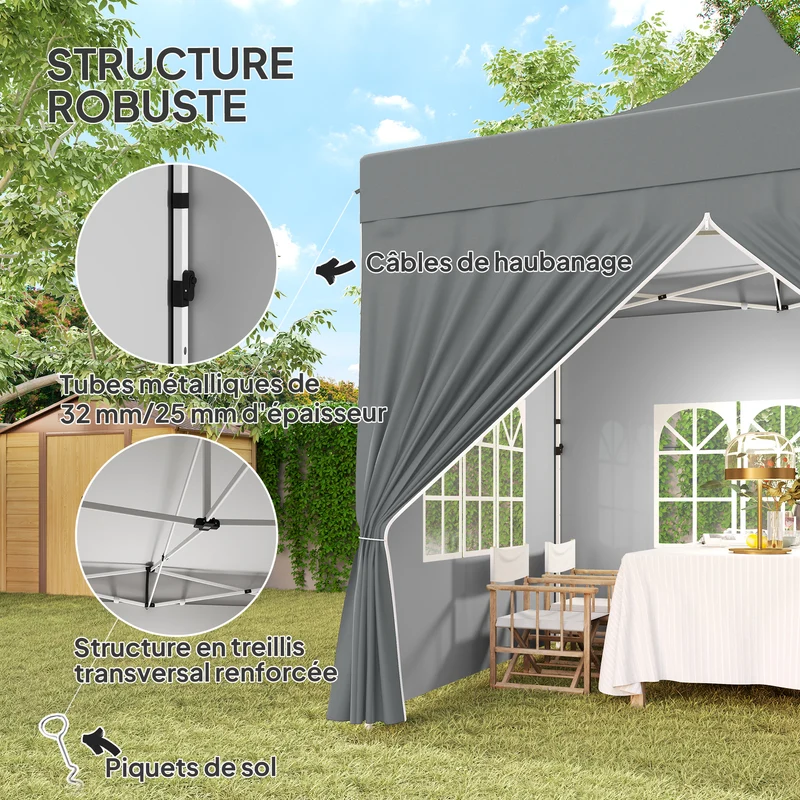 Tonnelle pliante jardin 290 x 290 x 325 cm montage rapide hauteur réglable style contemporain en tissu oxford gris 21_0004907