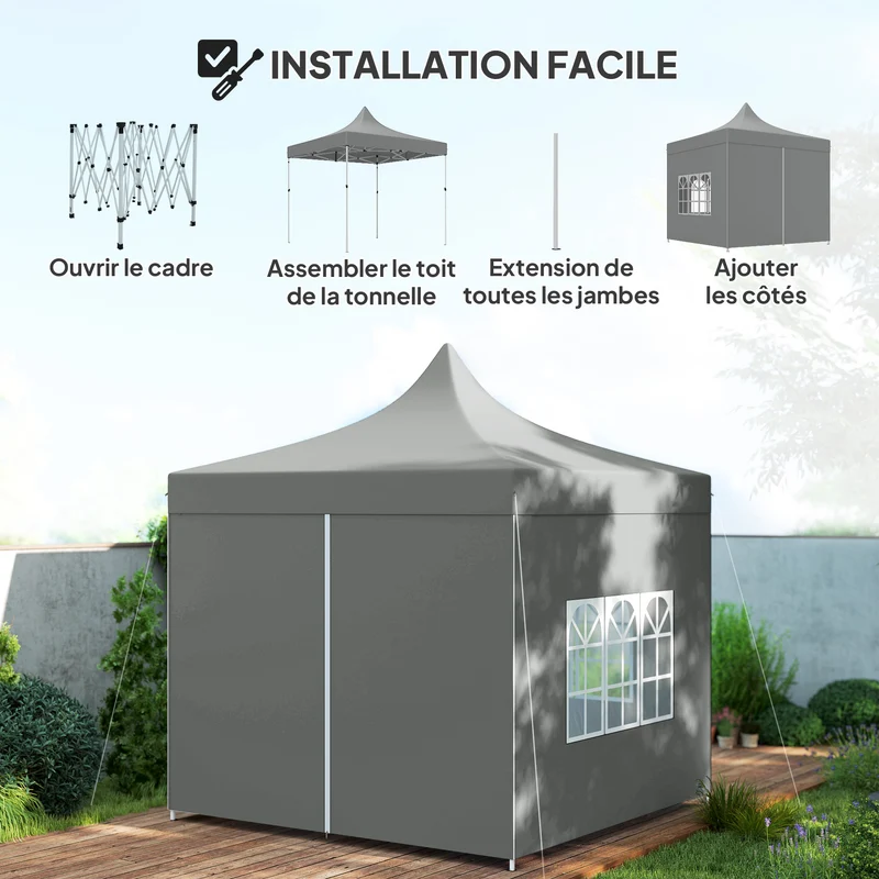 Tonnelle pliante jardin 290 x 290 x 325 cm montage rapide hauteur réglable style contemporain en tissu oxford gris 21_0004907