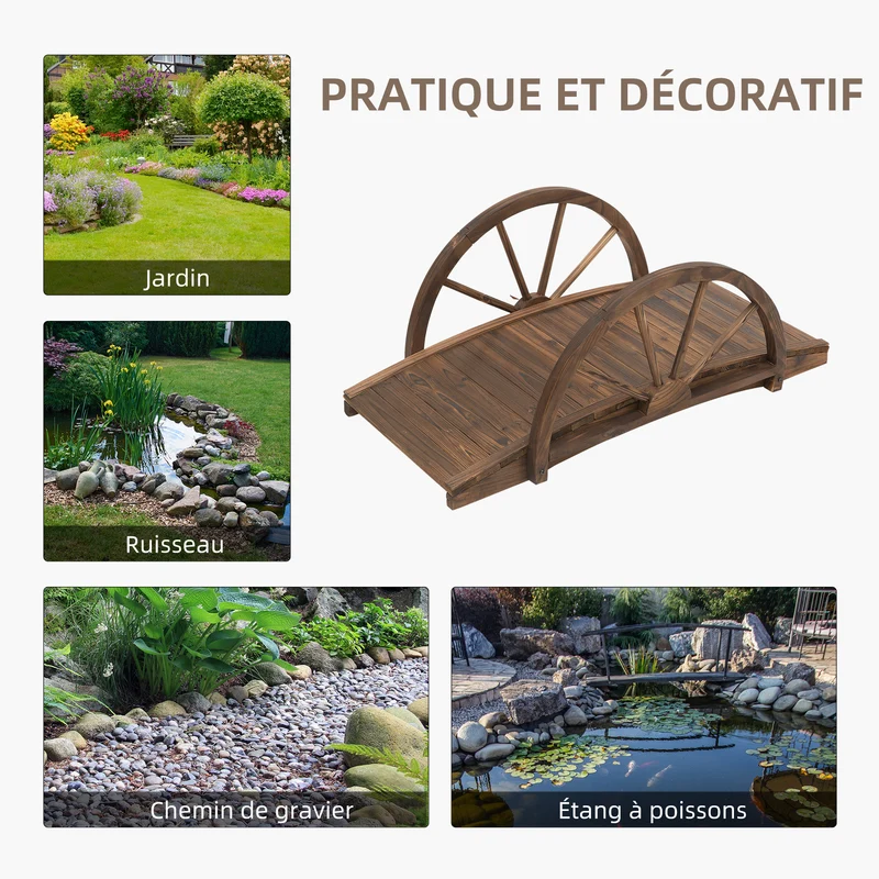 Pont de jardin arche incurvée 100 x 50 x 37 cm décoratif sécurisé résistant aux intempéries rustique en bois marron 21_0003939