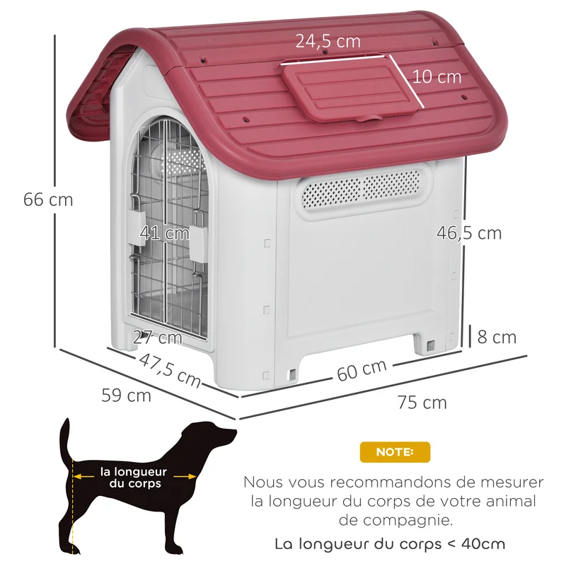 Niche pour chien extérieur et intérieur double porte 59 x 75 x 66 cm surélevée aérée design contemporain en PP rouge 21_0007287