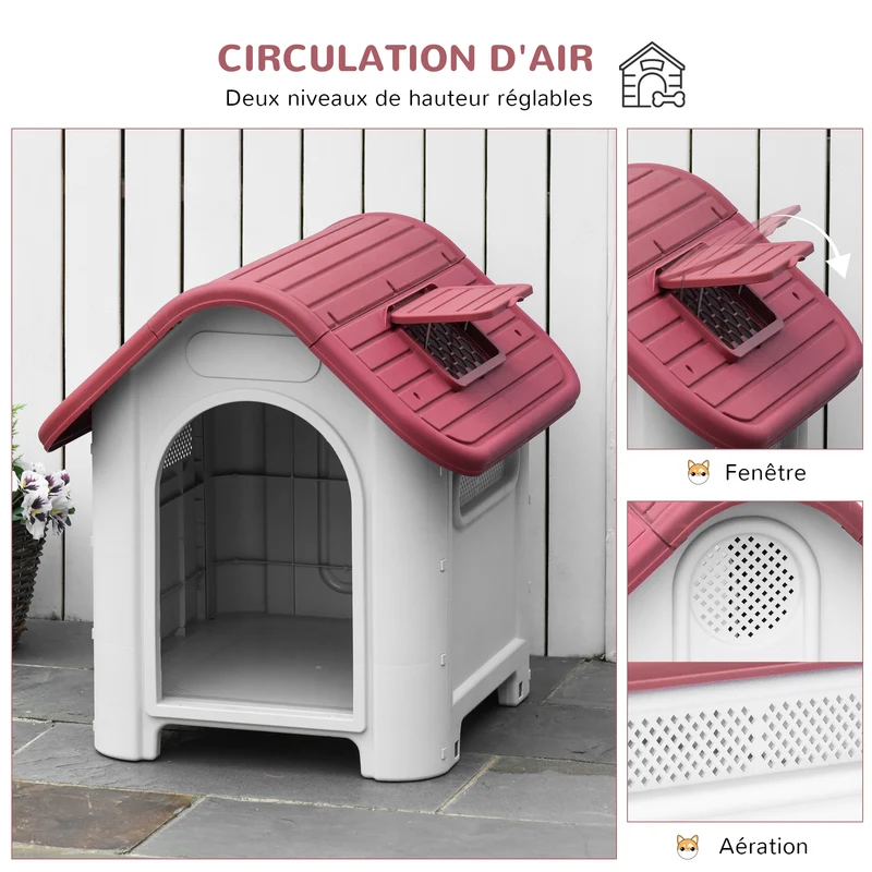 Niche pour chien extérieur et intérieur double porte 59 x 75 x 66 cm surélevée aérée design contemporain en PP rouge 21_0007287