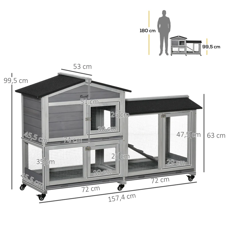Clapier pour lapins extérieur 157.4 x 53 x 99.5 cm roulettes 3 plateaux coulissants entretien aisé rustique en bois gris 21_0007942