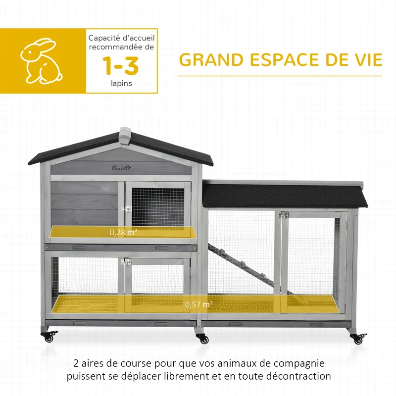 Clapier pour lapins extérieur 157.4 x 53 x 99.5 cm roulettes 3 plateaux coulissants entretien aisé rustique en bois gris 21_0007942