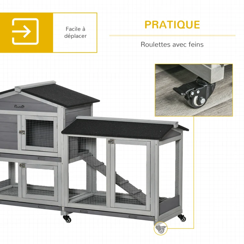 Clapier pour lapins extérieur 157.4 x 53 x 99.5 cm roulettes 3 plateaux coulissants entretien aisé rustique en bois gris 21_0007942