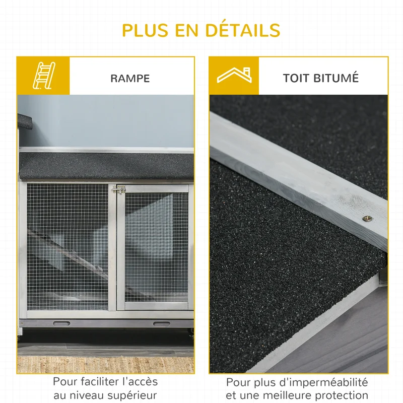 Clapier pour lapins extérieur 157.4 x 53 x 99.5 cm roulettes 3 plateaux coulissants entretien aisé rustique en bois gris 21_0007942