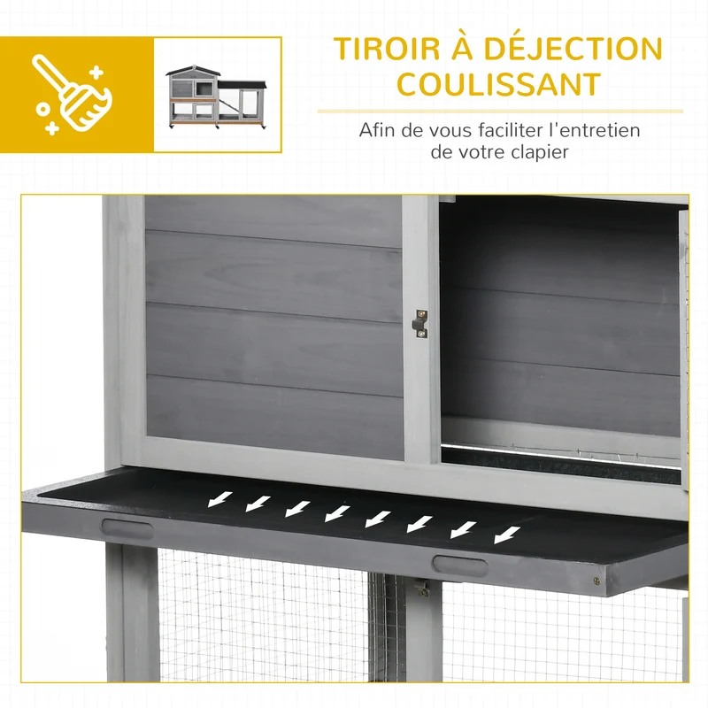 Clapier pour lapins extérieur 157.4 x 53 x 99.5 cm roulettes 3 plateaux coulissants entretien aisé rustique en bois gris 21_0007942