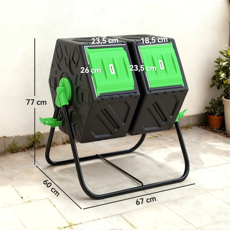 Composteur rotatif jardin 2 chambres 67 x 60 x 77 cm accélère compostage aération optimale style contemporain en PP noir 21_0004330