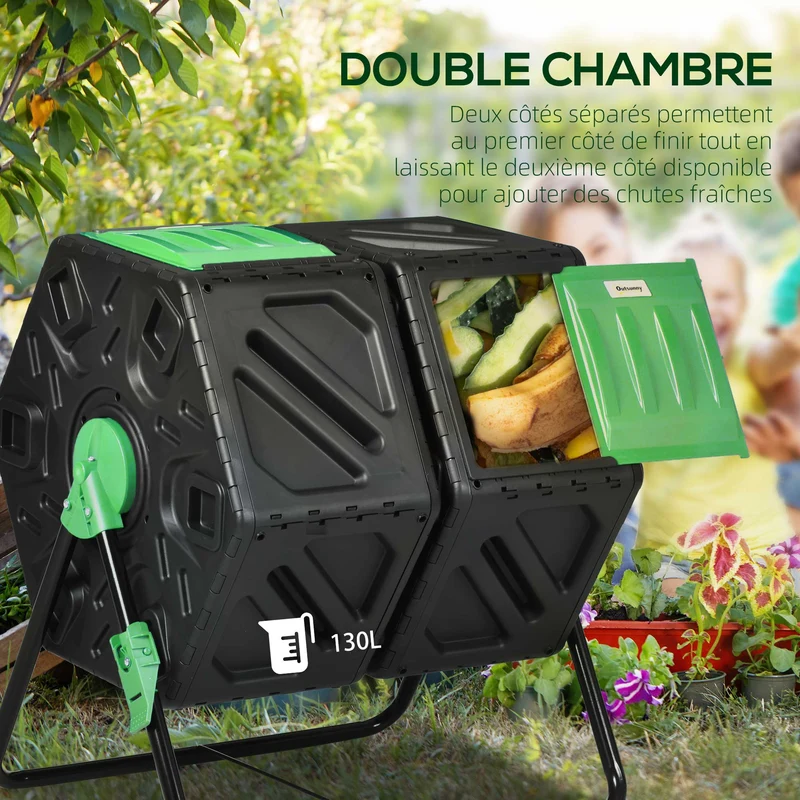 Composteur rotatif jardin 2 chambres 67 x 60 x 77 cm accélère compostage aération optimale style contemporain en PP noir 21_0004330