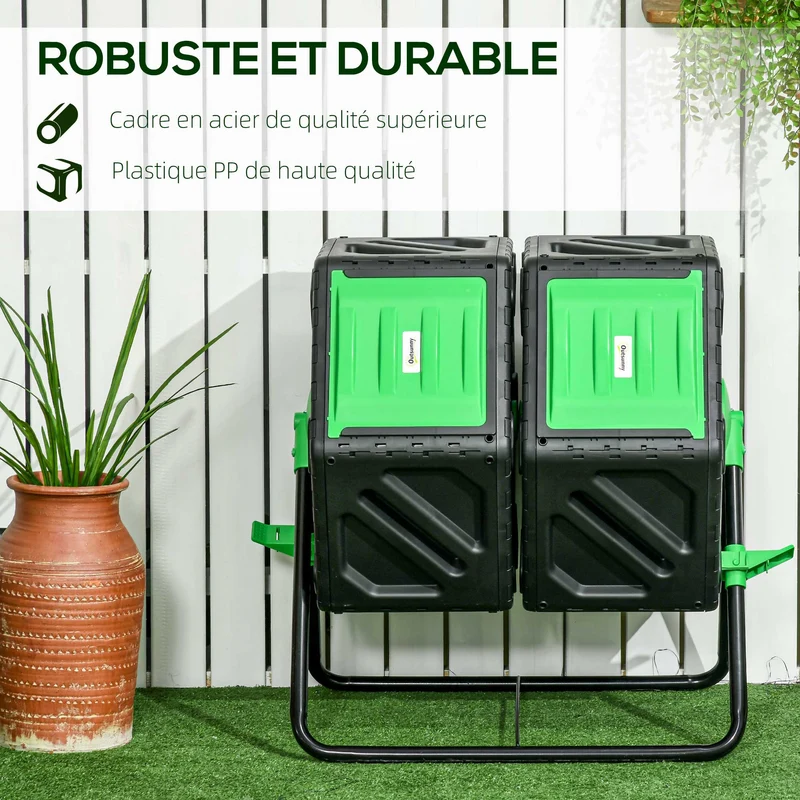 Composteur rotatif jardin 2 chambres 67 x 60 x 77 cm accélère compostage aération optimale style contemporain en PP noir 21_0004330
