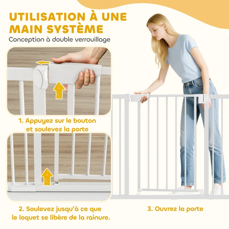 Barrière de sécurité pour portes 76-102 x 76 x 4 cm ouverture à une main double verrouillage moderne en acier blanc 21_0007494