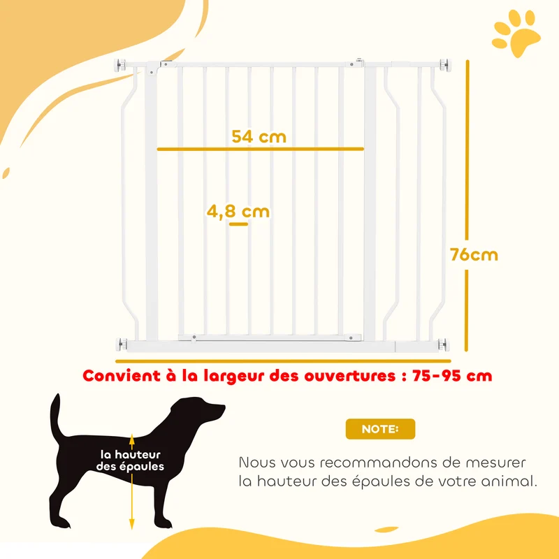 Barrière de sécurité pour chien 75-95 x 76 x 4 cm double verrouillage sans perçage compacte style épuré en acier blanc 21_0007421