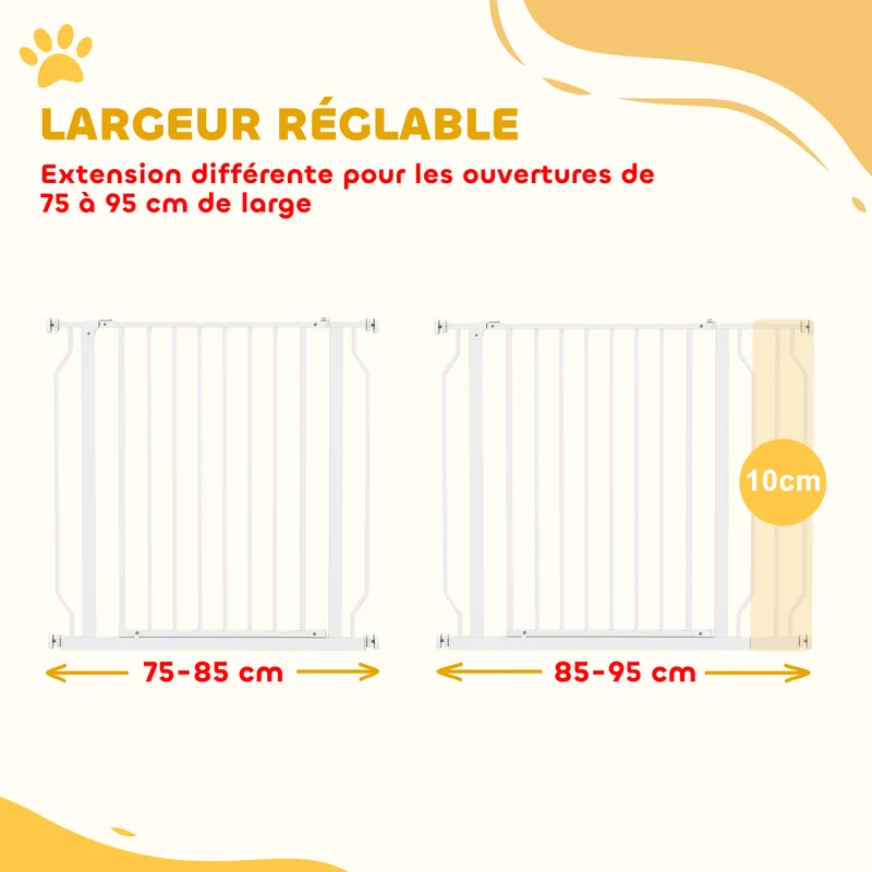 Barrière de sécurité pour chien 75-95 x 76 x 4 cm double verrouillage sans perçage compacte style épuré en acier blanc 21_0007421