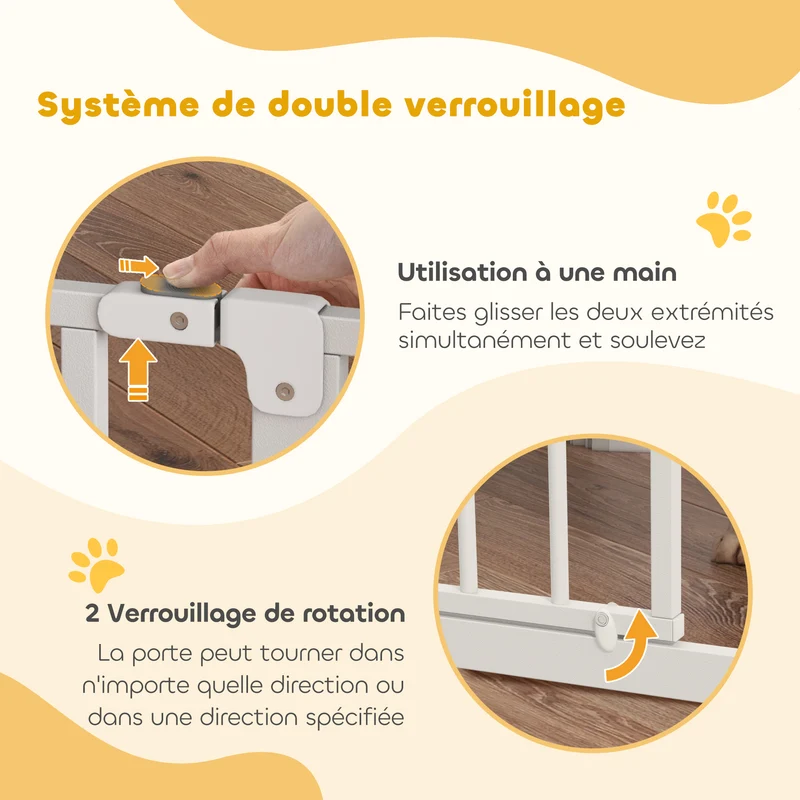 Barrière de sécurité pour chien 75-95 x 76 x 4 cm double verrouillage sans perçage compacte style épuré en acier blanc 21_0007421
