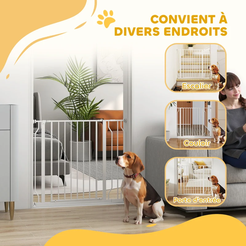 Barrière de sécurité pour chien 75-95 x 76 x 4 cm double verrouillage sans perçage compacte style épuré en acier blanc 21_0007421