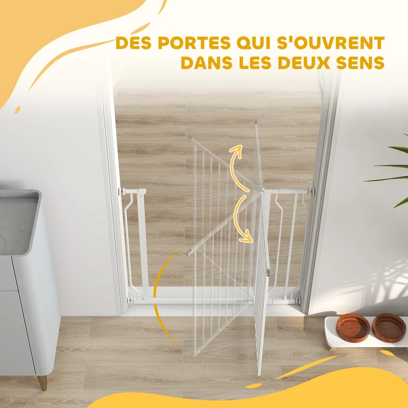 Barrière de sécurité pour chien 75-95 x 76 x 4 cm double verrouillage sans perçage compacte style épuré en acier blanc 21_0007421