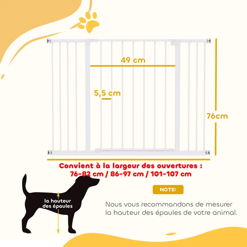 Barrière de sécurité pour bébé et chien pour escalier 107 x 4 x 76 cm réglable ouverture à une main épuré en métal blanc 21_0007393