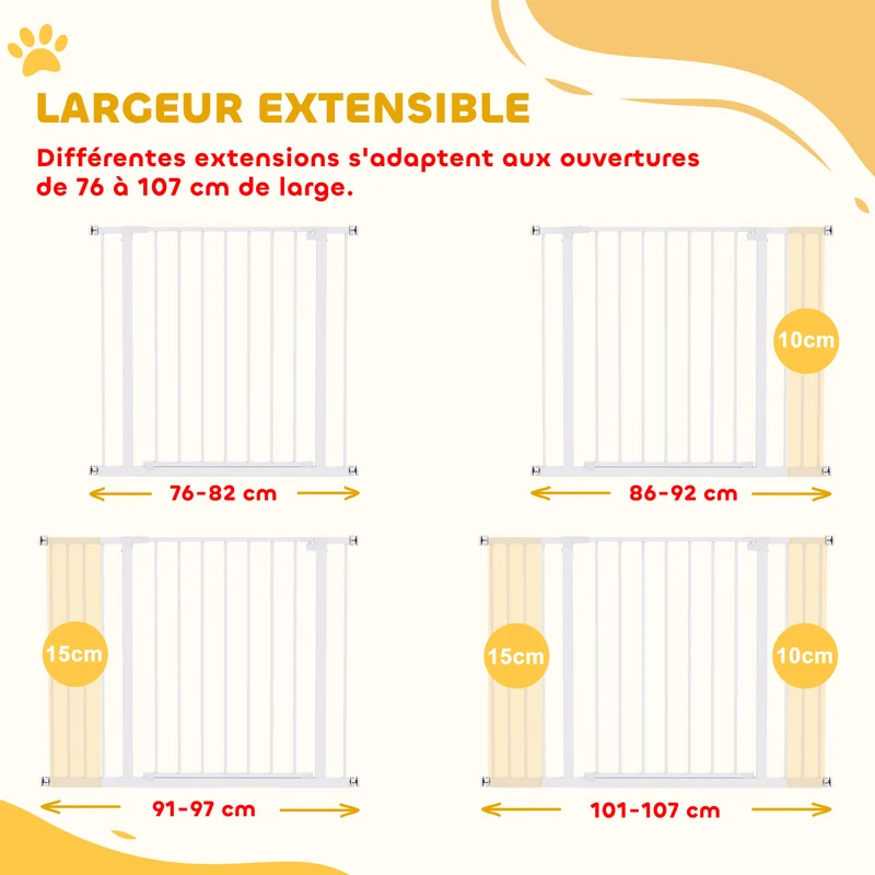 Barrière de sécurité pour bébé et chien pour escalier 107 x 4 x 76 cm réglable ouverture à une main épuré en métal blanc 21_0007393