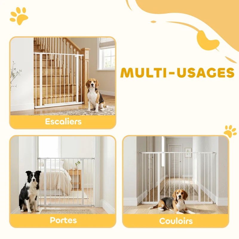 Barrière de sécurité pour bébé et chien pour escalier 107 x 4 x 76 cm réglable ouverture à une main épuré en métal blanc 21_0007393