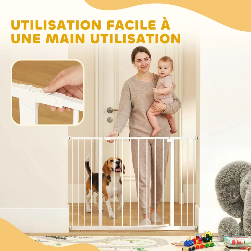 Barrière de sécurité pour bébé et chien pour escalier 107 x 4 x 76 cm réglable ouverture à une main épuré en métal blanc 21_0007393