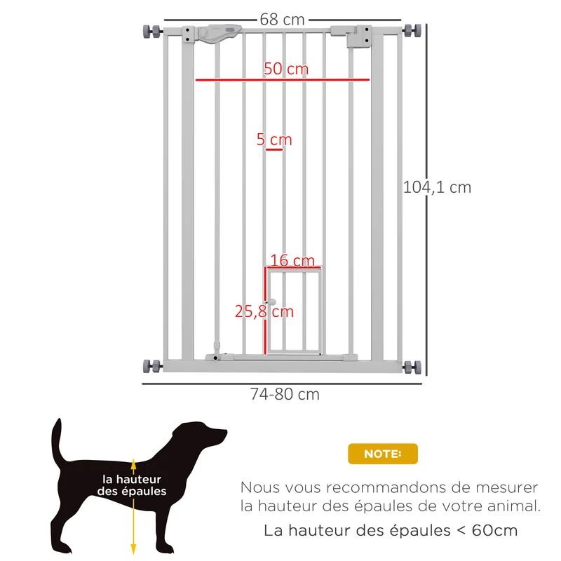 Barrière de sécurité pour animaux 74-80 x 104,1 cm fermeture automatique double verrouillage design épuré en acier blanc 21_0007437