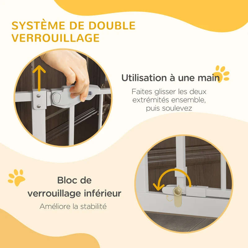 Barrière de sécurité pour animaux 74-80 x 104,1 cm fermeture automatique double verrouillage design épuré en acier blanc 21_0007437