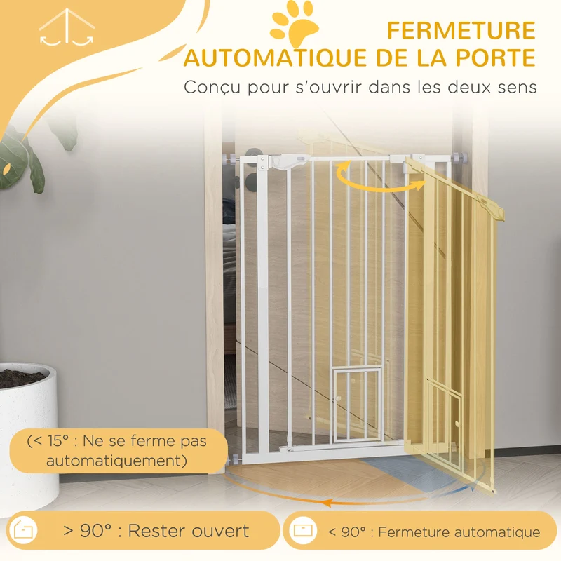 Barrière de sécurité pour animaux 74-80 x 104,1 cm fermeture automatique double verrouillage design épuré en acier blanc 21_0007437