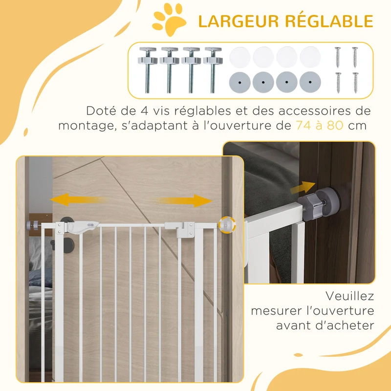 Barrière de sécurité pour animaux 74-80 x 104,1 cm fermeture automatique double verrouillage design épuré en acier blanc 21_0007437