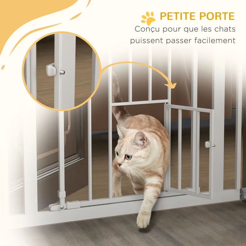 Barrière de sécurité pour animaux 74-80 x 104,1 cm fermeture automatique double verrouillage design épuré en acier blanc 21_0007437