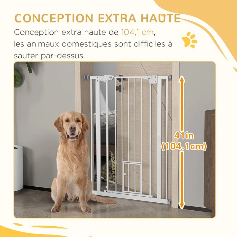 Barrière de sécurité pour animaux 74-80 x 104,1 cm fermeture automatique double verrouillage design épuré en acier blanc 21_0007437