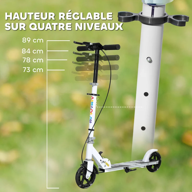 Trottinette enfant pliable 3-8 ans 73 x 36 x 89 cm réglable 4 hauteurs roues lumineuses frein double design en PP blanc 21_0000691