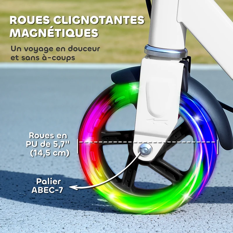 Trottinette enfant pliable 3-8 ans 73 x 36 x 89 cm réglable 4 hauteurs roues lumineuses frein double design en PP blanc 21_0000691