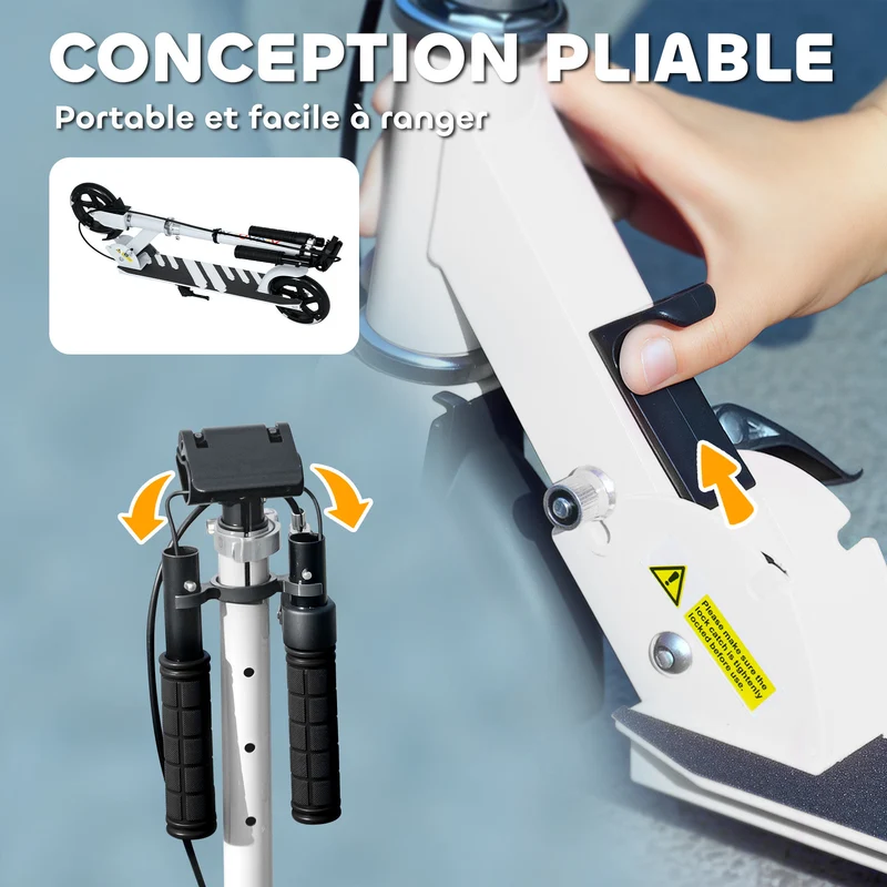Trottinette enfant pliable 3-8 ans 73 x 36 x 89 cm réglable 4 hauteurs roues lumineuses frein double design en PP blanc 21_0000691